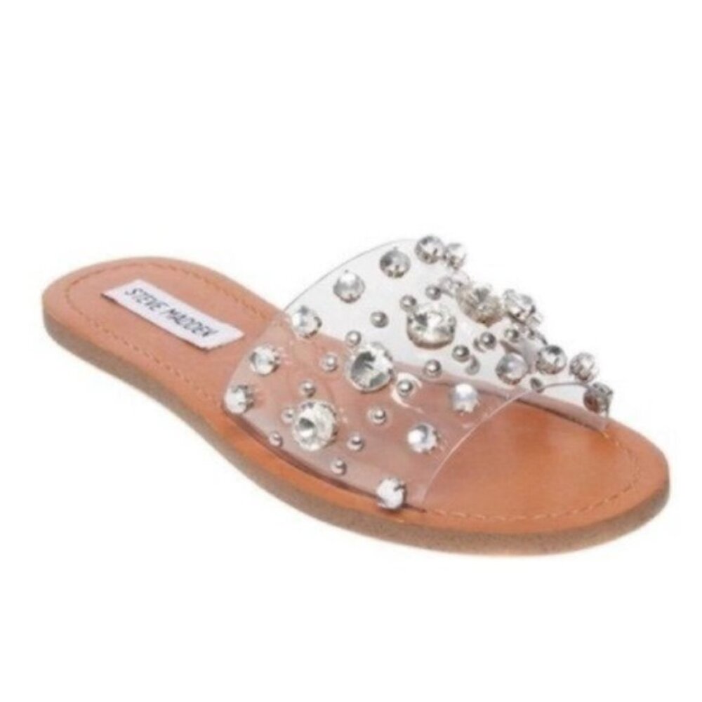 Steve Madden Rhinestone Clear Slide Flat Sandals 8M